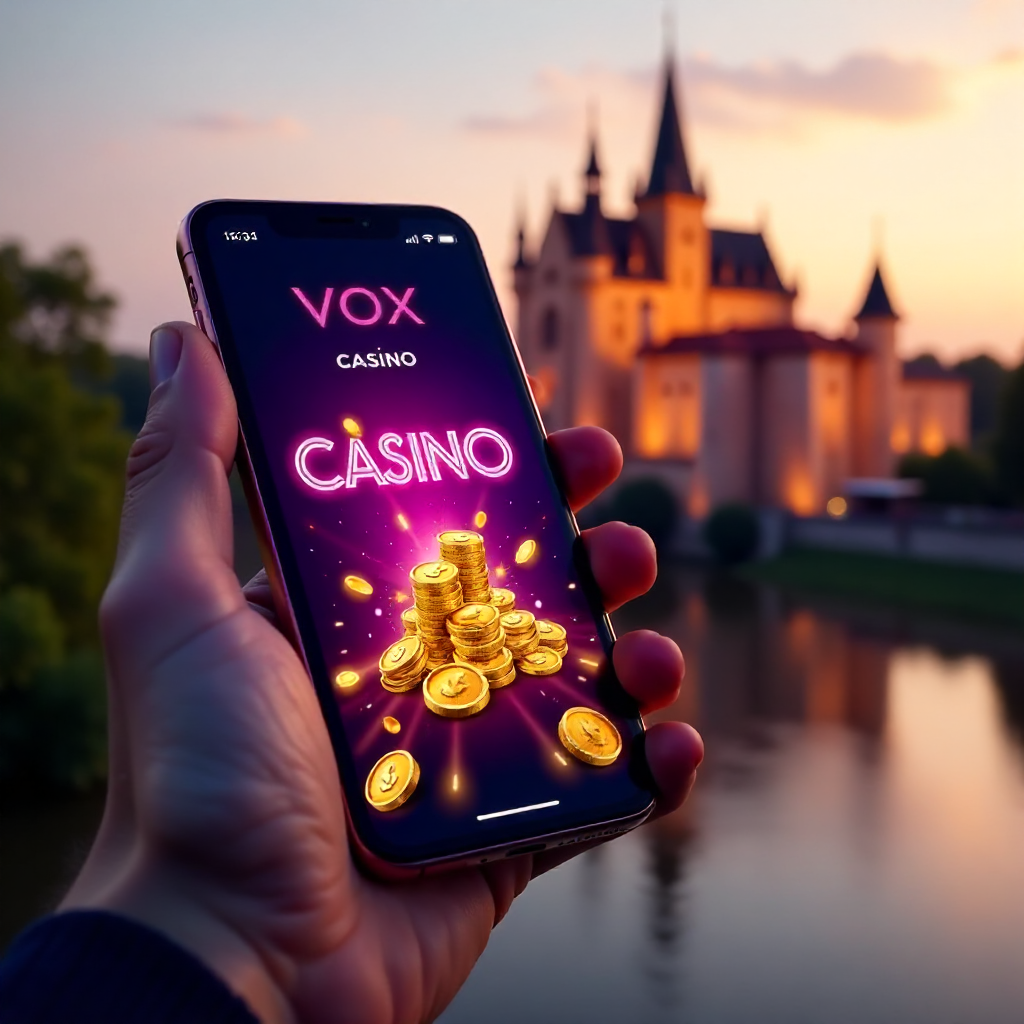 A hand holding a premium smartphone showing Vox Casino app, background featuring the Wawel Royal Castle in Krakow at golden hour, official brand neon purple and deep black colors, 3D golden coins and neon slot symbols flying out of the screen, hyper-reali